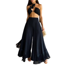 Damesbroek met Ruches, Hoge Taille, Kwastjes aan de Zoom, Zwierige Plooien, Boho-Stijl, Bescheiden Wijde Pijpen Zwart S