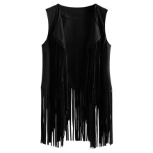 Damesvest met Franjes, Jaren 70 Hippiestijl, Imitatie Suède, Mouwloos, Vest met Kwastjes, Cowgirl/Western Top Zwart XXL
