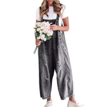 Damen-Latzhose Aus Denim mit Verstellbaren Trägern, Weitem Bein und Used- Grau XXL