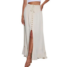 Dames Maxi-Rok met Elastische Tailleband en Knoopsluiting, Casual, Losvallende Jurk met Split aan de Voorkant Wit S