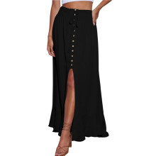 Women'S Elastic Tie Waist Button Down Maxi Skirts Casual Loose Flowy Swing Slit Front Dress Black S