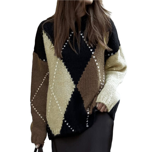 Damen-Pullover mit Farbblock-Argyle-Karomuster, Oversize-Strick, Grob Gestrickt, Rundhalsausschnitt Schwarz M