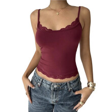 Dames Tanktop met Vierkante Hals en Kant, Mouwloos, Cropped, Spaghettibandjes, Zomerse Y2K-Top Wijnrood S
