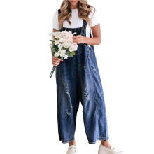 Dames Jumpsuit met Losse, Verstelbare Bandjes, Denim Tuinbroek, Wijde Pijpen en een Verwassen  Diepblauw XXL