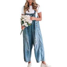 Damen-Latzhose Aus Denim mit Verstellbaren Trägern, Weitem Bein und Used- Blau L