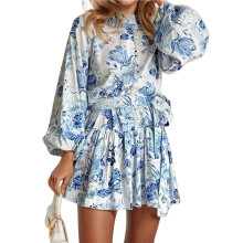 Elegante Midi-Jurk met Lange Mouwen, Strikceintuur en Oosterse Print voor Dames, Chique Mode Blauw S