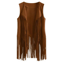 Damesvest met Franjes, Jaren 70 Hippiestijl, Imitatie Suède, Mouwloos, Vest met Kwastjes, Cowgirl/Western Top Bruin XXL