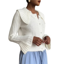 Dames Open Vest met Lange Mouwen en Knoopsluiting, Gebreid, Kort Model, Grof en Losvallend Model Wit S