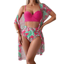 Women'S 3 Piece Swimsuits Print Bikini Set with Tummy Control Mesh Cover Tropical Swimsuits Rose Red XL