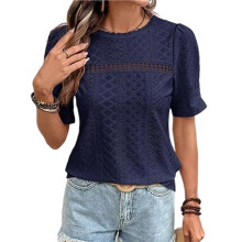 Women'S Summer Lace Trim See Through Blouse Round Neck Short Sleeve Fashion Casual Top Navy XXL