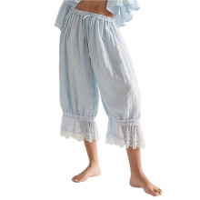 Damesbroek met Kanten Rand, Lange Bloomerbroek, Middelhoge Taille, Ruches, Korte Broek met Uitlopende Pijpen, Pyjamabroek Lichtblauw L