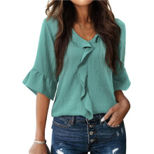 Womens Blouses Dressy Casual 3/4 Sleeve Ruffle Bell Top Ladies Business Formal Work Shirt Green L