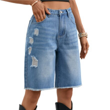 Women Denim Bermuda Shorts Knee Length Low Rise Baggy Jorts Light M