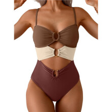 Swimsuit for Women Ring Linked Monokini Bathing Suit Cutout Swim Suit Coffee & Red M