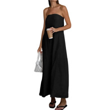 Dress Strapless Linen Maxi Dress Linen A- Strapless Dress for Vacation and Going Out Dress Black XL