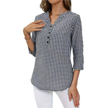 Women'S Roll 3/4 Length Sleeve Plaid Print Shirts Button Front Not-Ch Neck Blouse Shirt Work Tops Black XXL