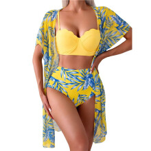 Women'S 3 Piece Swimsuits Print Bikini Set with Tummy Control Mesh Cover Tropical Swimsuits Yellow L