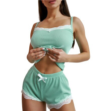 Damespyjamasets, Zachte Nachtkleding, 2-Delige Set met Short, V-Hals, Kanten Nachtkleding Groen S