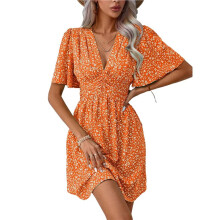 Women Summer Dresses Short Sleeve V Neck Floral Midi Sundress Orange M