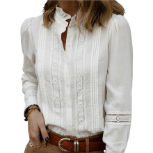 Blusa Feminina Casual Elegante de Manga Comprida com Botões e Gola com Babados, Ideal para o Trabalho, Verão e Outono. Branco L
