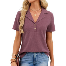 Women Short Sleeve Shirts Business Casual Tops Collared V Neck Shirts Ribbed Knit Slim Fit Blouse Rose Red XXL