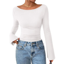 Blusas Femininas de Manga Comprida, Cropped, para Sair, com Decote Canoa, Manga Sino e Franzido. Branco XXL