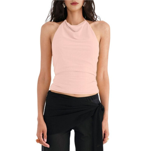 Women'S Casual Halter Neck Draped Front Open Back Tank Top Light  L