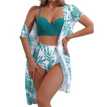 Women'S 3 Piece Swimsuits Print Bikini Set with Tummy Control Mesh Cover Tropical Swimsuits Green XXL