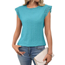 Women'S Tops Casual Crewneck Cap Sleeve Shirts Crochet Knit Texture Tank Top Blouses Turquoise XXL