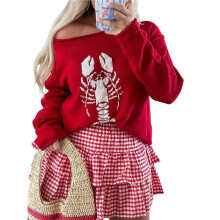 Women Graphic Sweaters Lobster Graphic Pullover Knitted Sweater Vintage Crewneck Sweatshirt Y2k Pullover Tops Red L