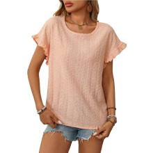 Dames T-Shirt met Ronde Hals, Korte Mouwen en Open Details, Effen Kleur, Casual Top Oranje XL