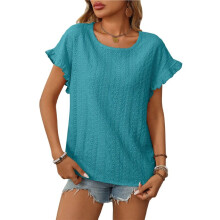 Camiseta Feminina Lisa, de Cor Sólida, com Gola Redonda, Manga Curta e Detalhes Vazados. Azul Turquesa XL