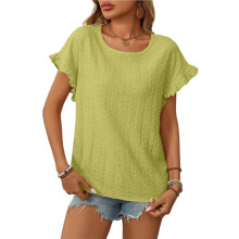 Dames T-Shirt met Ronde Hals, Korte Mouwen en Open Details, Effen Kleur, Casual Top Mosterdgeel XXL