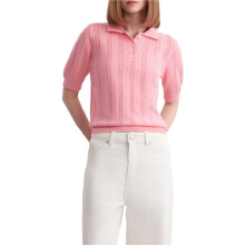 Dames Kabelgebreide Trui met Korte Mouwen, Knoopsluiting, Henley-Hals, Reverskraag, Gehaakte Pullover, T-Shirt, Crop Top Roze S