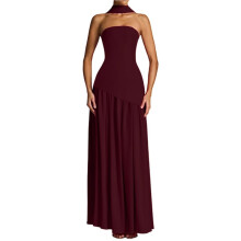 Strapless Halterjurken met Verlaagde Taille voor Bruidsmeisjes, Inclusief Sjaal en Split, Geschikt voor Formele Avondgelegenheden Wijnrood S