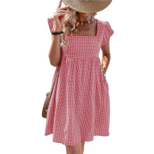 Damesjurk Retro met Ruitjespatroon, Vierkante Halslijn, Spaghettibandjes, Ruches, Theelengte en Zakken Rood & Wit M