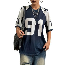 Dames Oversized Grafisch Voetbalshirt met Korte Mouwen en Mesh-Print, Streetwear Blauw S