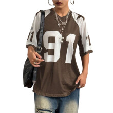 Dames Oversized Grafisch Voetbalshirt met Korte Mouwen en Mesh-Print, Streetwear Donkerbruin S