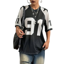Dames Oversized Grafisch Voetbalshirt met Korte Mouwen en Mesh-Print, Streetwear Zwart M