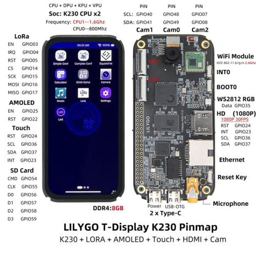Placa de Desenvolvimento T-Display K230 LoRa AI 1.6GHz AIoT Tela AMOLED de 4,1 Polegadas + Compatível com  + Porta Ethernet + Câmera ISP 923MHz 1