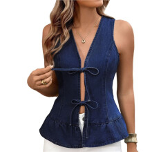 Colete Jeans Feminino Sem Mangas com Decote em V e Amarração Frontal, Modelo Regata Casual Moderno Estilo Y2K. Azul Profundo XL
