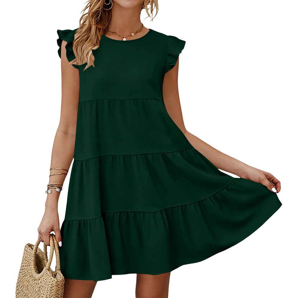 Dark/Green Women's Dresses Sleeveless Ruffle Sleeve Round- L
