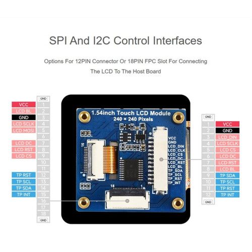 1.54inch Touch LCD Display Module 240x240 Resolution IPS Panel SPI and I2C Communication Interfaces, 262K Display Color 2