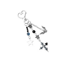 Trendy Dark Theme Bat Star Crucifix Keychain Accessories-Black