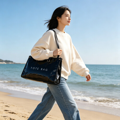 Große Strandtasche, Umhängetasche mit verstellbarem-Schwarz 2