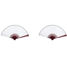 2X Eventail A Main Pliant en Tissu de Manche en Bois de Longueur 13 Pouces pour Hommes Femmes Blanc
