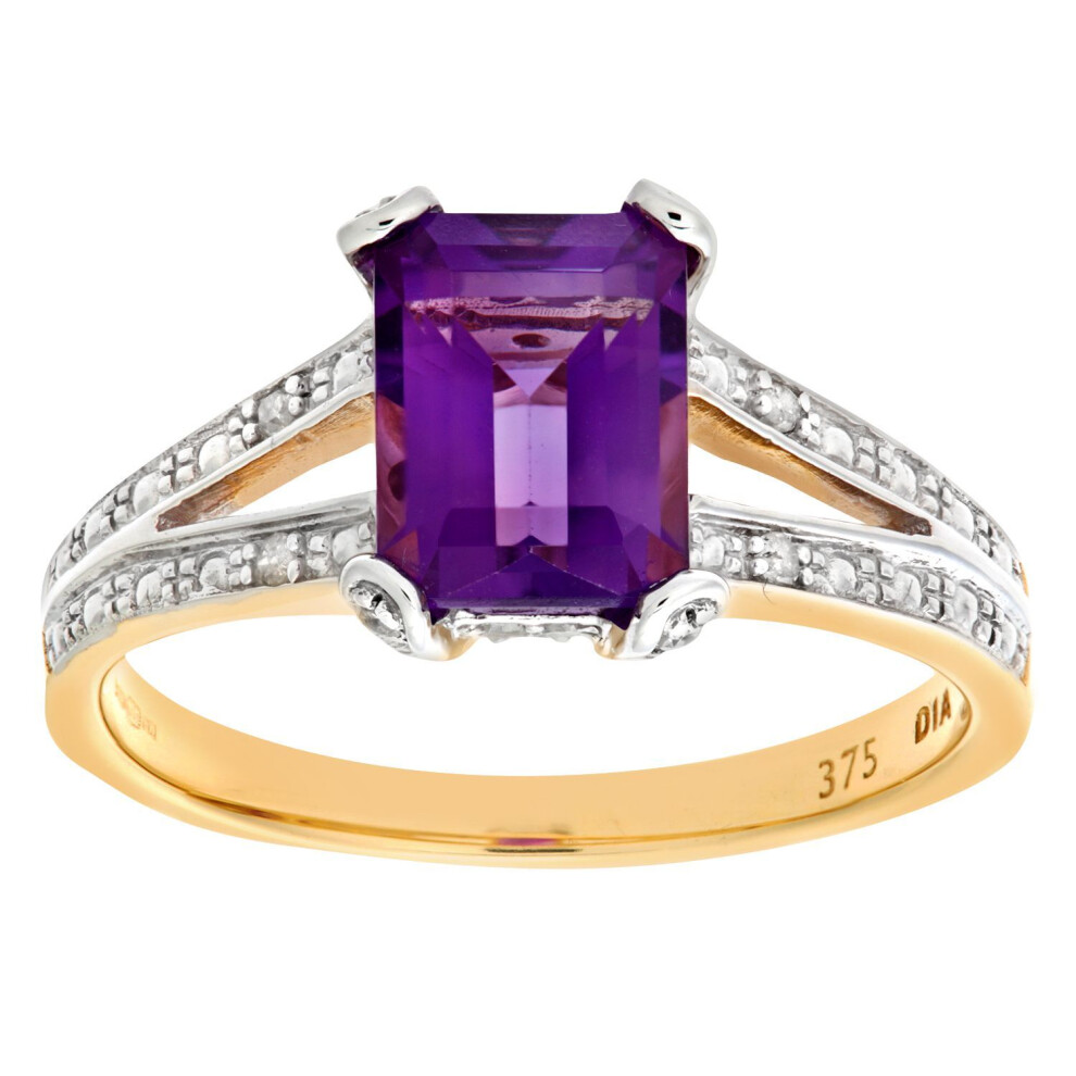 Jewelco London (J) 9Ct Gold 13Pts Diamond Emerald Cut 1.38Ct Amethyst Art Deco Split Shoulder Solitaire Ring - Pr0axl6767yam Green,Gold,Yellow