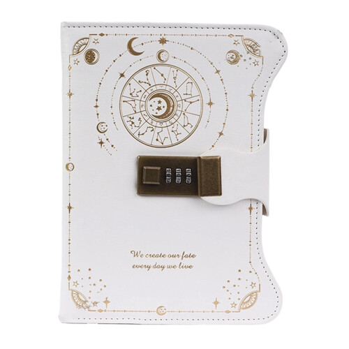 Password Lock Diary Hardcover PU Leather Notebook 360-White