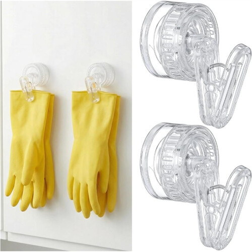 Dish Glove Clip with Suction Cup Easy Install Removable Transparent Plastic Wall Mounted Hook for Kitchen (2 Pcs) 2