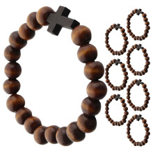 8Pièces Bracelet Perles Bois Croix, Accessoire Religieux Café Élégant